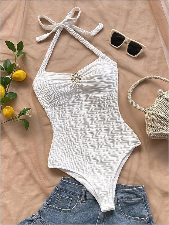 Women's Halter Sleeveless Corset Thong Bodysuit Tie Back Textured Fitted best